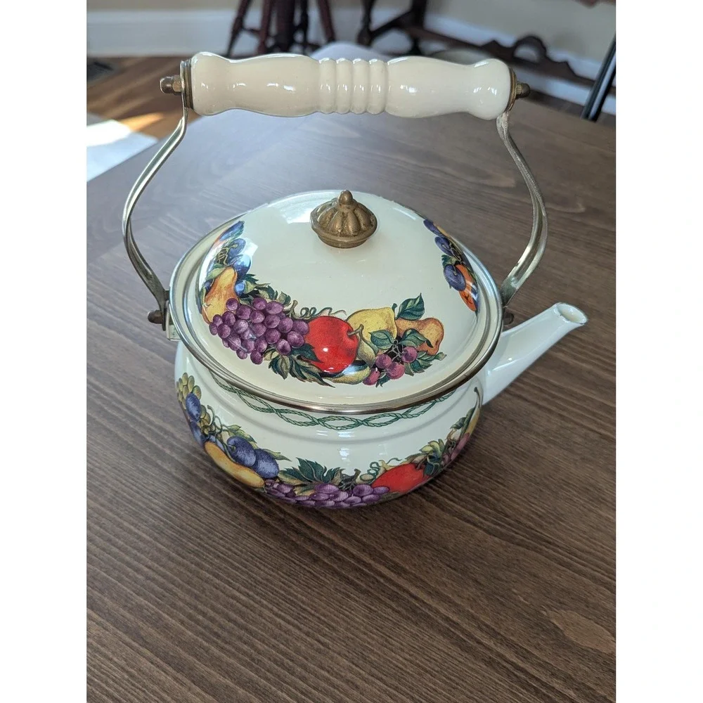 Vintage Lincoln Ware Style Enamel Tea Kettle Fruit Pattern Farmhouse Decor